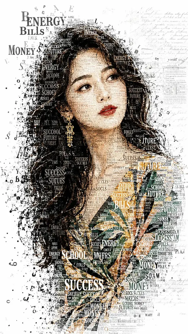 A striking typographic portrait of a young woman with a thoughtful,… — AI Model prompt by @MissDelulu9