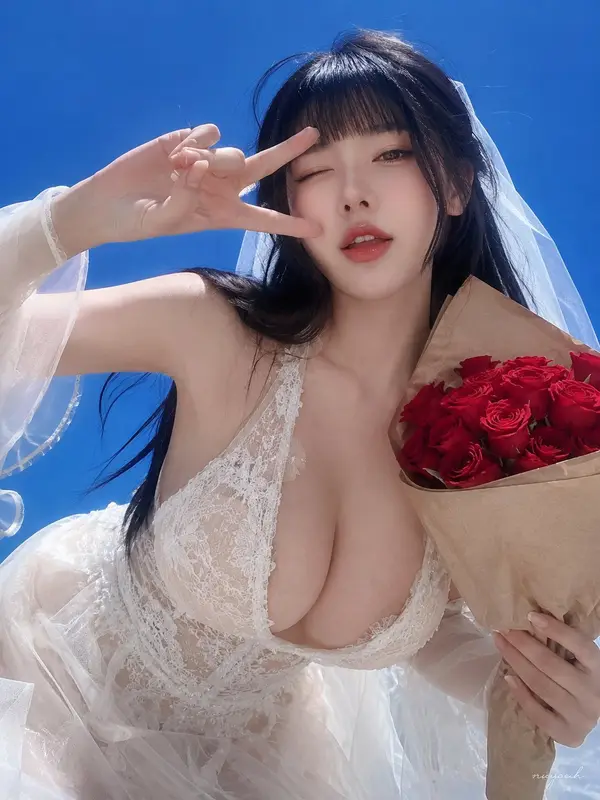 低机位仰拍，极近距离广角透视，清透明亮的高饱和蓝天背景 黑长发，齐刘海，婚纱服饰（深v蕾丝款），透明欧根纱，突出上围，… — AI Model prompt by @nanyuan0412