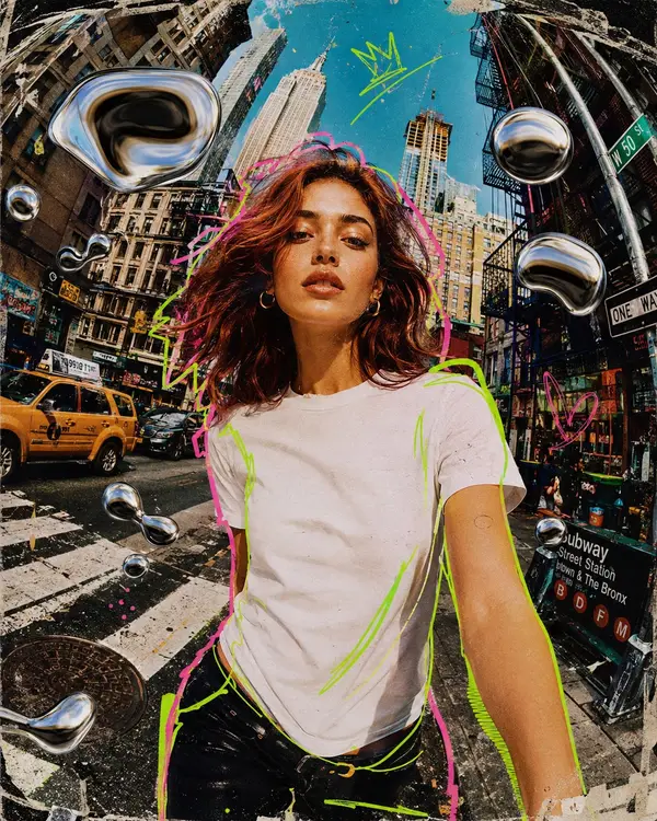 Mixed media collage animation style, a stylish young woman walking confidently… — Midjourney prompt by @harboriis