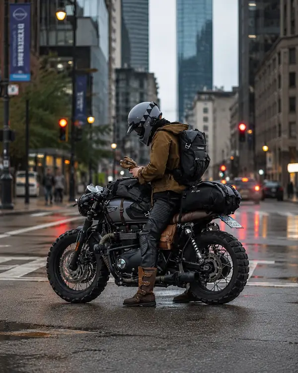 Ultra-realistic cinematic adventure motorcycle photography of a lone traveler… — AI Model prompt by @oju689