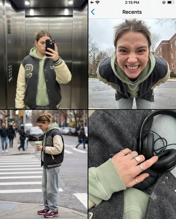 A premium smartphone camera roll collage featuring [HUMAN] wearing an oversized… — Nano Banana prompt by @MissDelulu9