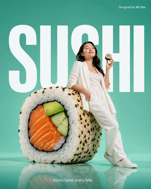 Minimalist commercial ad featuring oversized premium sushi rolls, ultra-clean… — GPT Image 2 prompt by @MrDasOnX