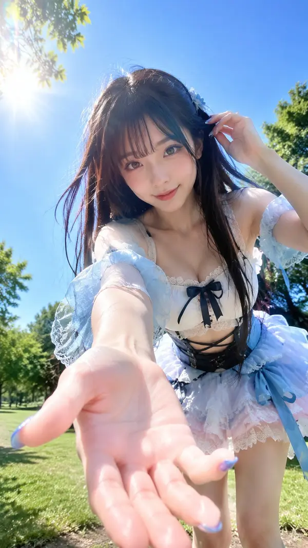 Vertical 9:16 photorealistic outdoor summer portrait. An adult young woman with… — AI Model prompt by @MrLarus