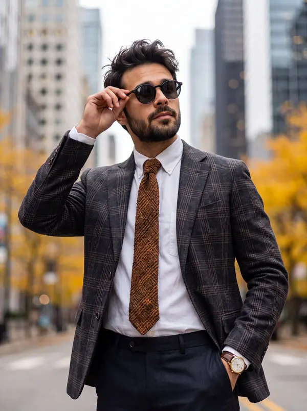 A medium shot of a stylish man with messy dark hair and well-groomed beard and… — Nano Banana 2 prompt by @rovvmut_