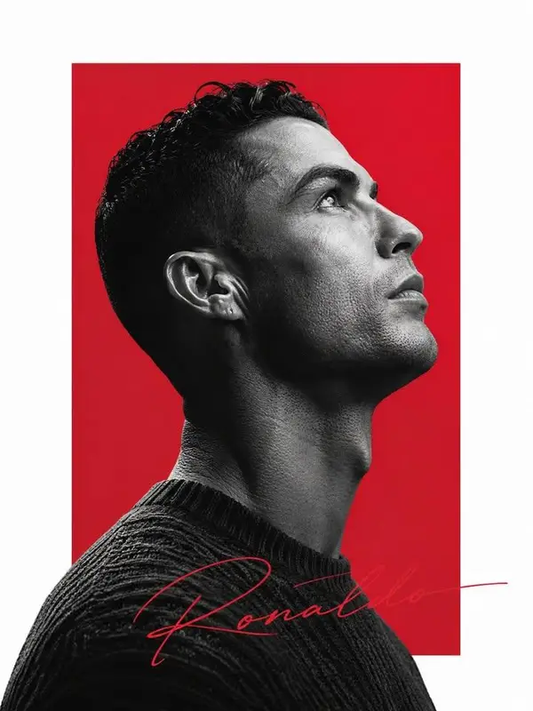 Minimalist editorial poster design with a portrait of Ronaldo, depicted in a… — GPT Image 2 prompt by @SimplyAnnisa