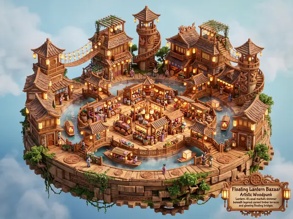 Whimsical miniature world depiction of a floating lantern bazaar in an artistic… — Nano Banana Pro prompt by @artingent