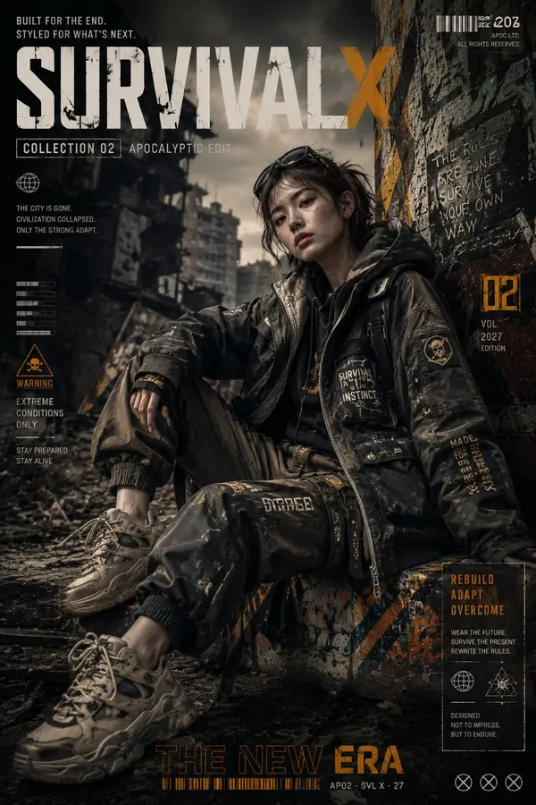 A contemporary editorial fashion poster inspired by the Post-Apocalyptic Street… — GPT Image 1 prompt by @MissDelulu9