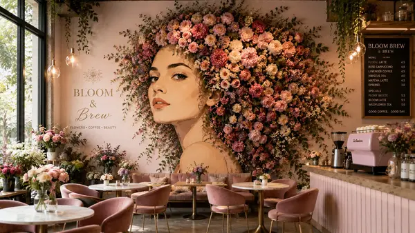 A beautifully designed [THEME] café featuring a monumental wall mural of a… — AI Model prompt by @ZephyraLeigh