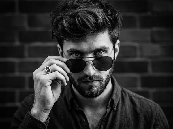 A close-up, high-contrast black and white portrait of a man looking directly… — Nano Banana 2 prompt by @Sheldon056