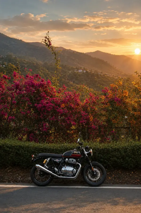 Photography of a black and chrome Royal Enfield Interceptor 650 parked on the… — AI Model prompt by @oju689