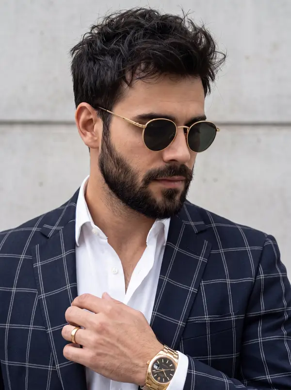 A close-up portrait of a stylish man with a well-groomed beard and dark messy… — Nano Banana 2 prompt by @rovvmut_