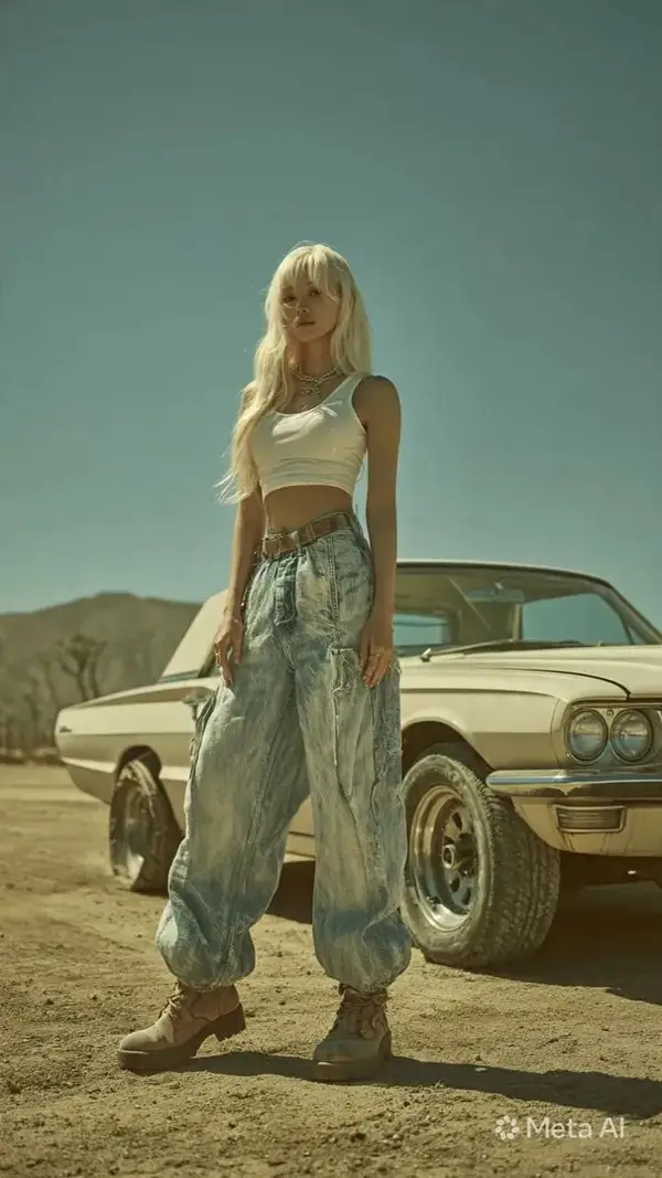 Ultra-realistic desert roadside editorial of a beautiful Korean female idol… — AI Model prompt by @kingofdairyque