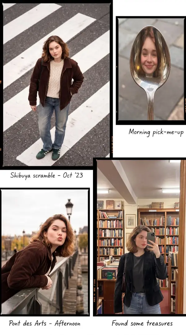 Editorial travel collage following [HUMAN] around [CITY]. Wearing a cream… — Nano Banana 2 prompt by @SimplyAnnisa
