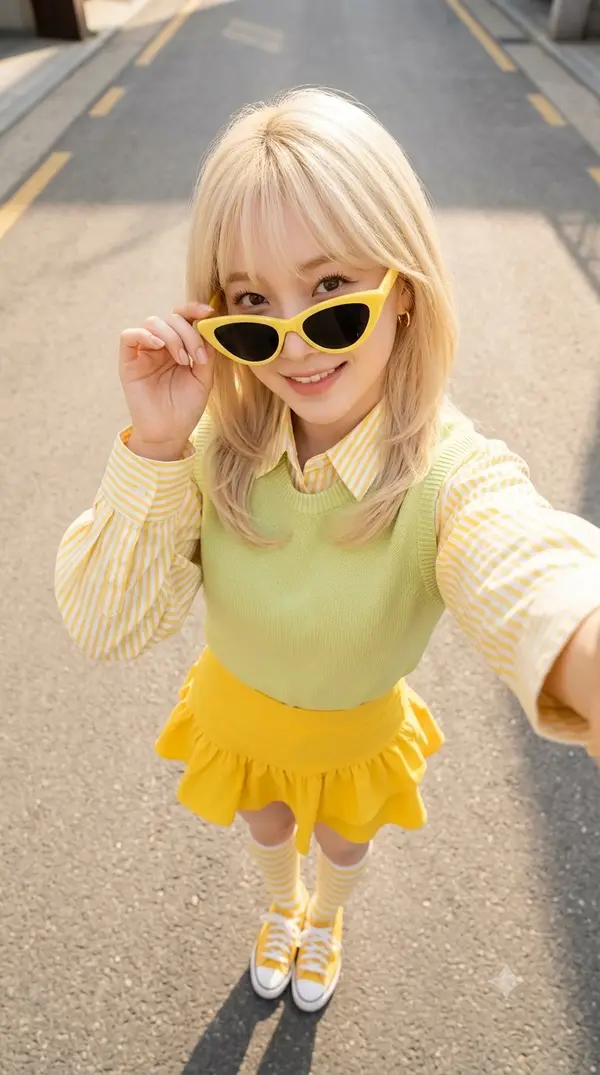 Ultra-realistic Korean street fashion editorial, cheerful citrus-inspired… — Nano Banana prompt by @MissDelulu9