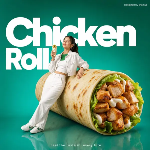 Minimalist commercial ad featuring oversized premium chicken rrolls,… — AI Model prompt by @im_shahid7