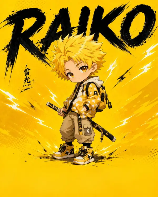 Wide chibi anime poster composition, young boy character with spiky yellow hair… — Nano Banana Pro prompt by @meng_dagg695