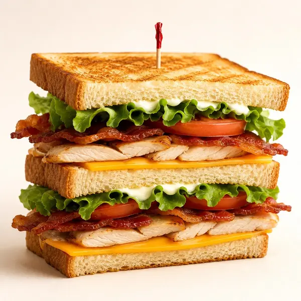 A premium café product photograph of a gourmet club sandwich centered against a… — Nano Banana Pro prompt by @Strength04_X
