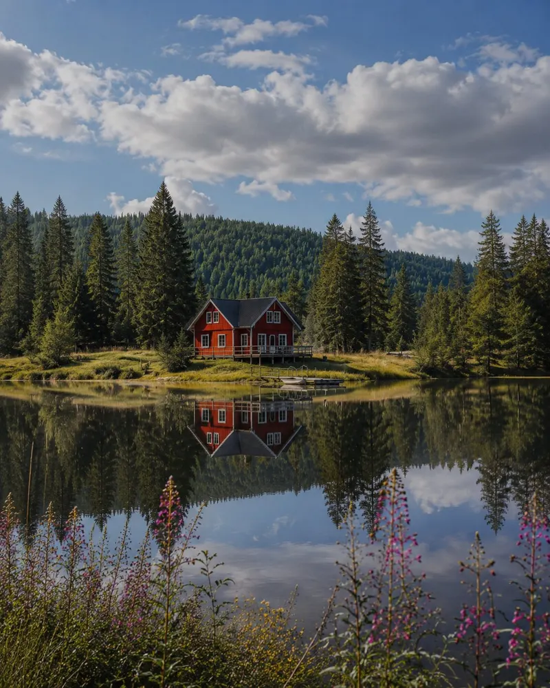 A breathtaking, ultra-realistic landscape photograph of a cozy red… — AI Model prompt by @oju689