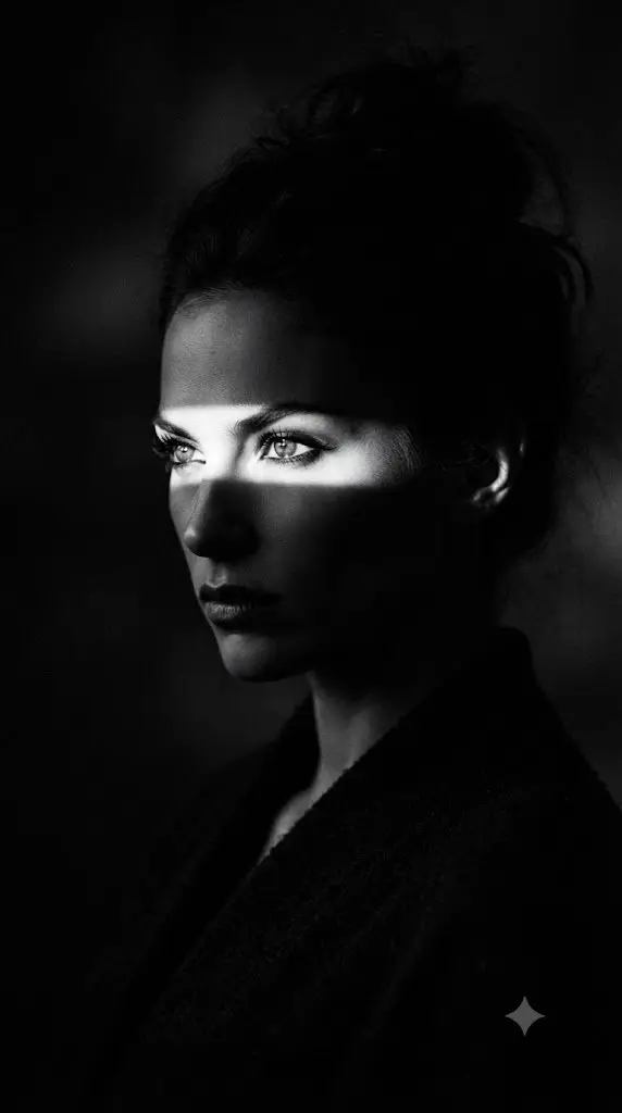9:16 Aspect ratio A dark, moody low-key black and white cinematic fashion… — Nano Banana Pro prompt by @Mind_Boticni