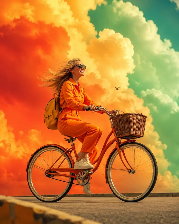 Wide surreal art photograph, woman on vintage bicycle riding along empty road,… — Nano Banana Pro prompt by @meng_dagg695