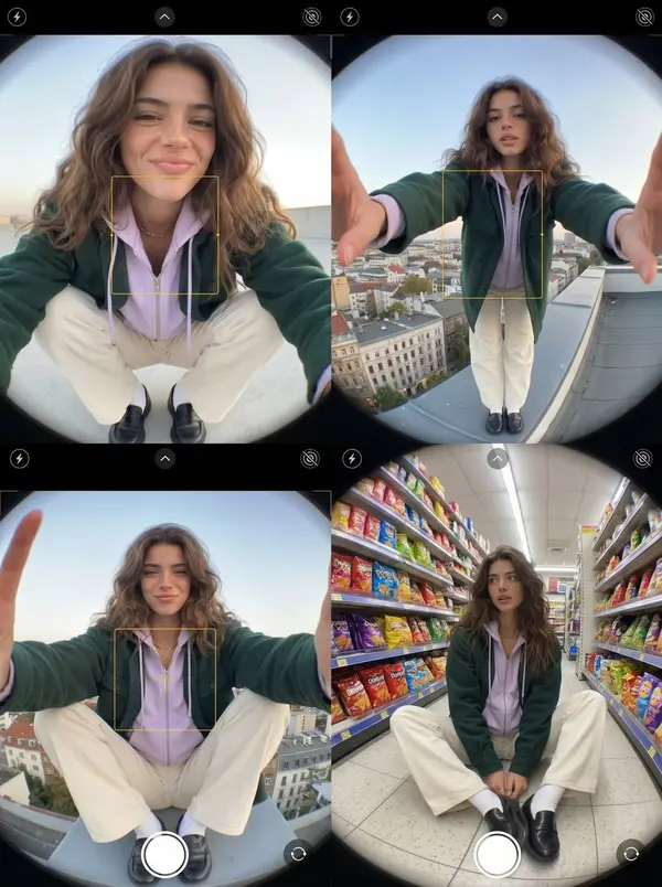 Fashion diary composed of three exaggerated fisheye smartphone photos. [HUMAN]… — GPT Image 2 prompt by @Sairah_0