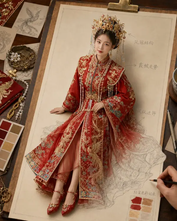 生成一张《纸上成真 · 东方嫁衣》风格图片，4:5 竖版。 主题为【凤冠霞帔 / 龙凤褂 / 秀禾服 /… — AI Model prompt by @MrLarus