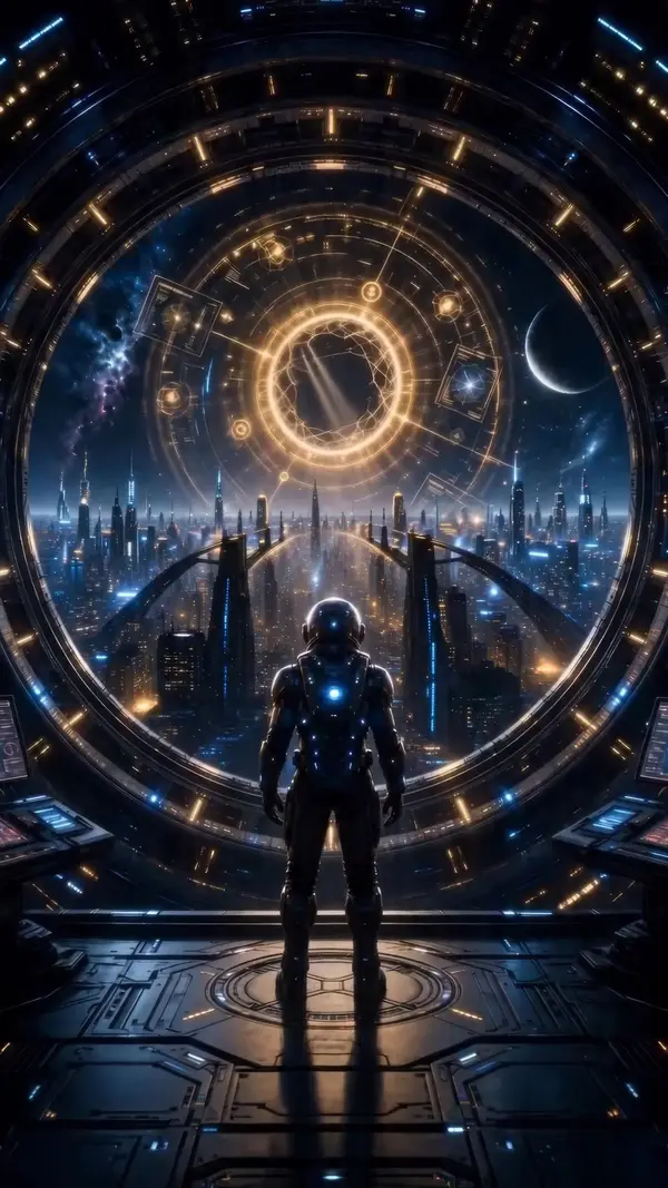 Holographic warnings shift to the golden light of the portal, turning a regular… — Seedance prompt by @churvikv