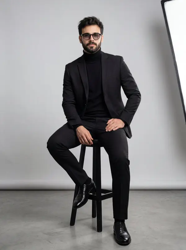 A full-body studio portrait of a handsome man with a neatly trimmed, full beard… — Nano Banana 2 prompt by @rovvmut_