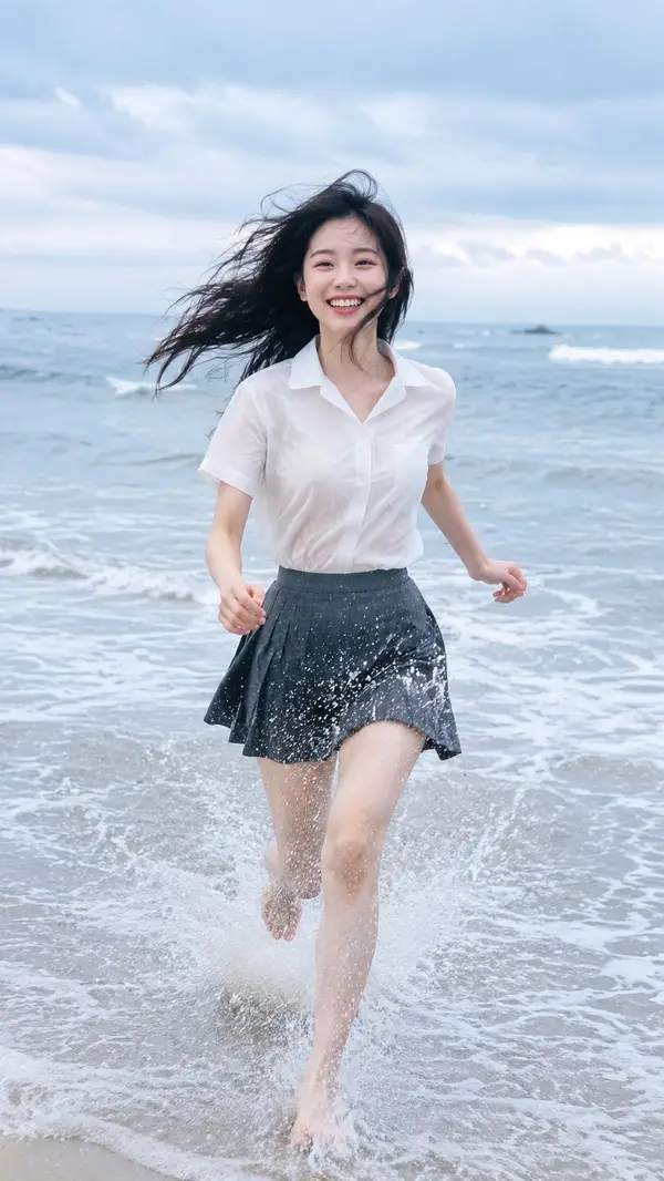 9:16 vertical photorealistic beach running portrait. An adult East Asian young… — AI Model prompt by @MrLarus