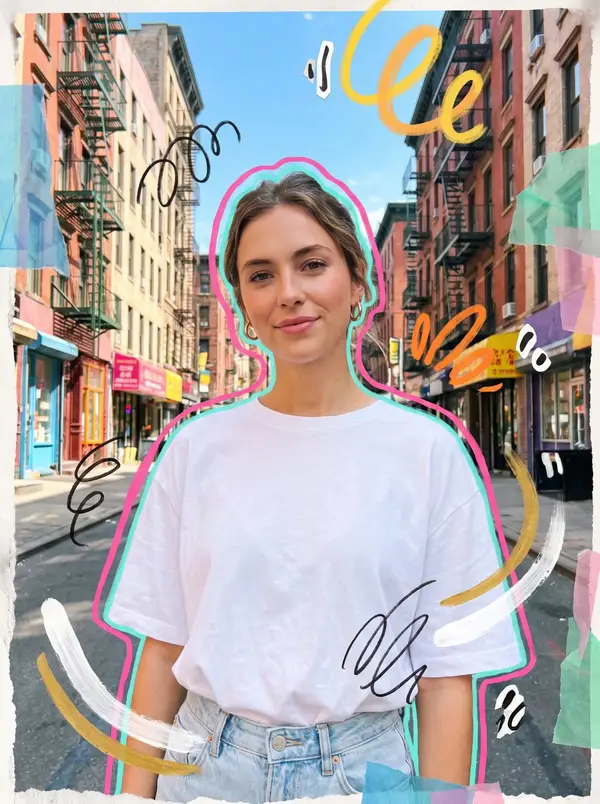 Photorealistic mixed media collage street portrait of a young woman on a bright… — Nano Banana Pro prompt by @Sairah_0