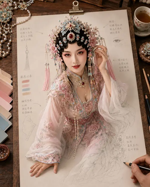 生成一张《纸上成真 · 戏韵妆造稿》风格图片，4:5 竖版。 主题为【京剧花旦 / 刀马旦 / 昆曲水袖 /… — GPT Image 2 prompt by @MrLarus