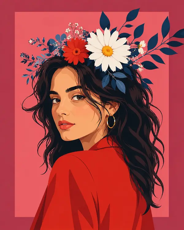 Wide flat vector illustration poster, woman with floral crown glancing back… — GPT Image 2 prompt by @meng_dagg695