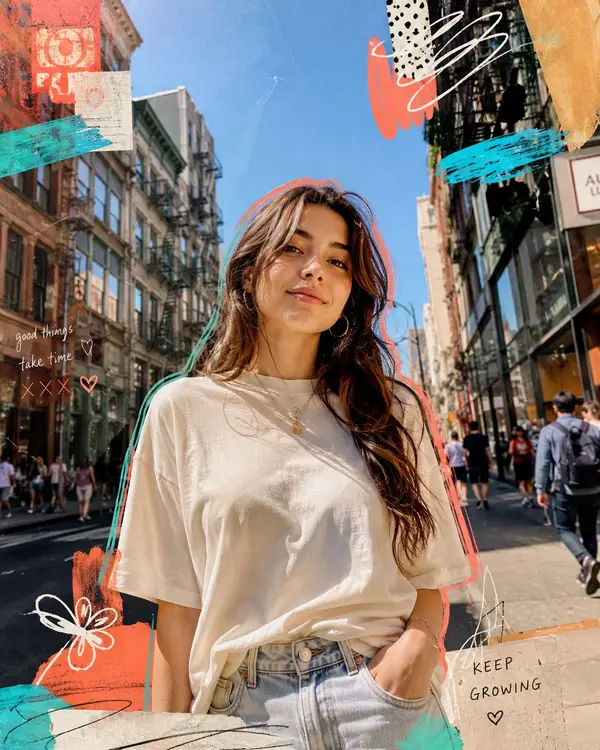 Ultra-realistic editorial street portrait of a young woman standing on a lively… — GPT Image 2 prompt by @john_my07