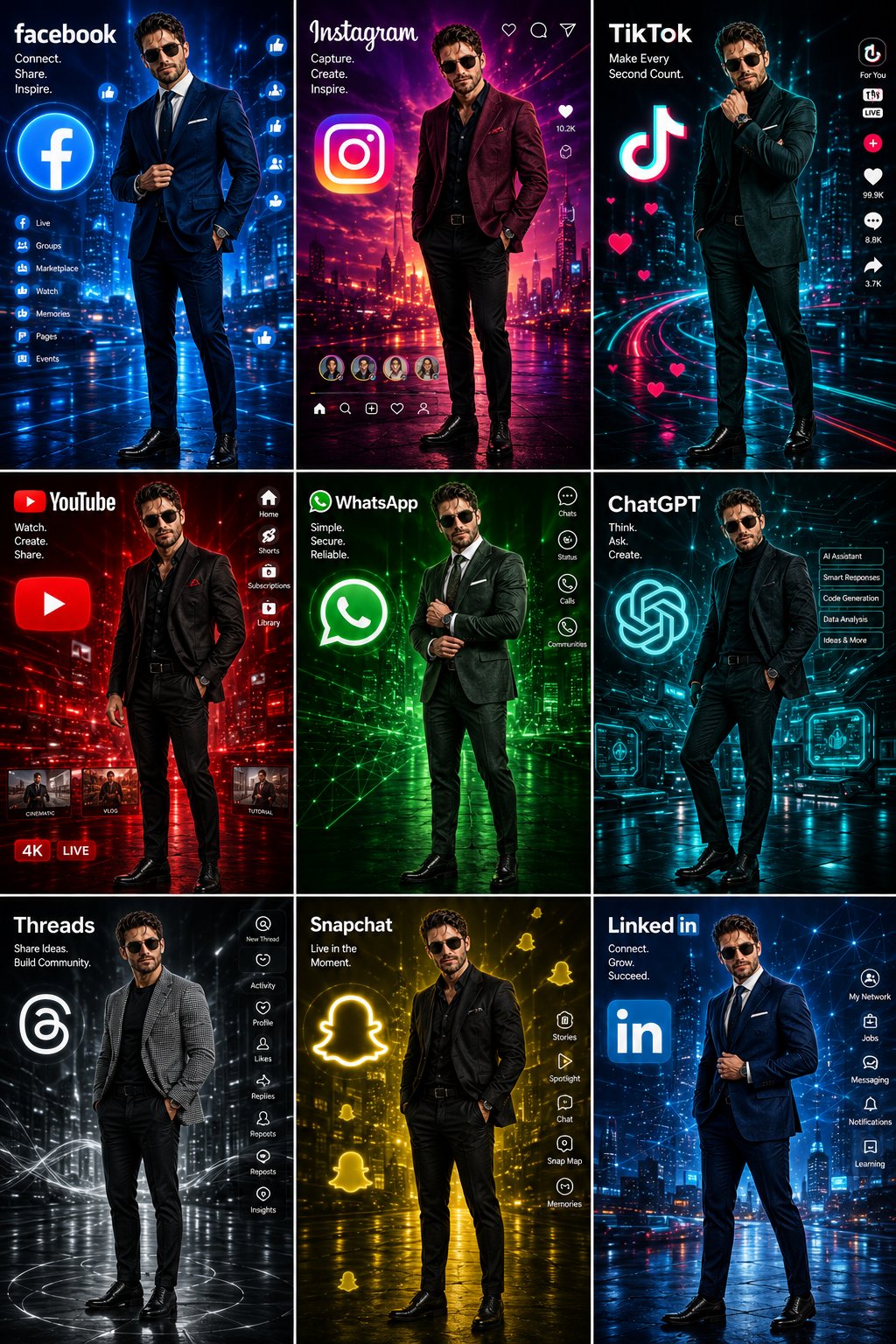Create a high-quality 3×3 grid of nine cinematic AI posters featuring the same… — AI-generated image by @RizwanAly07 using GPT Image 2