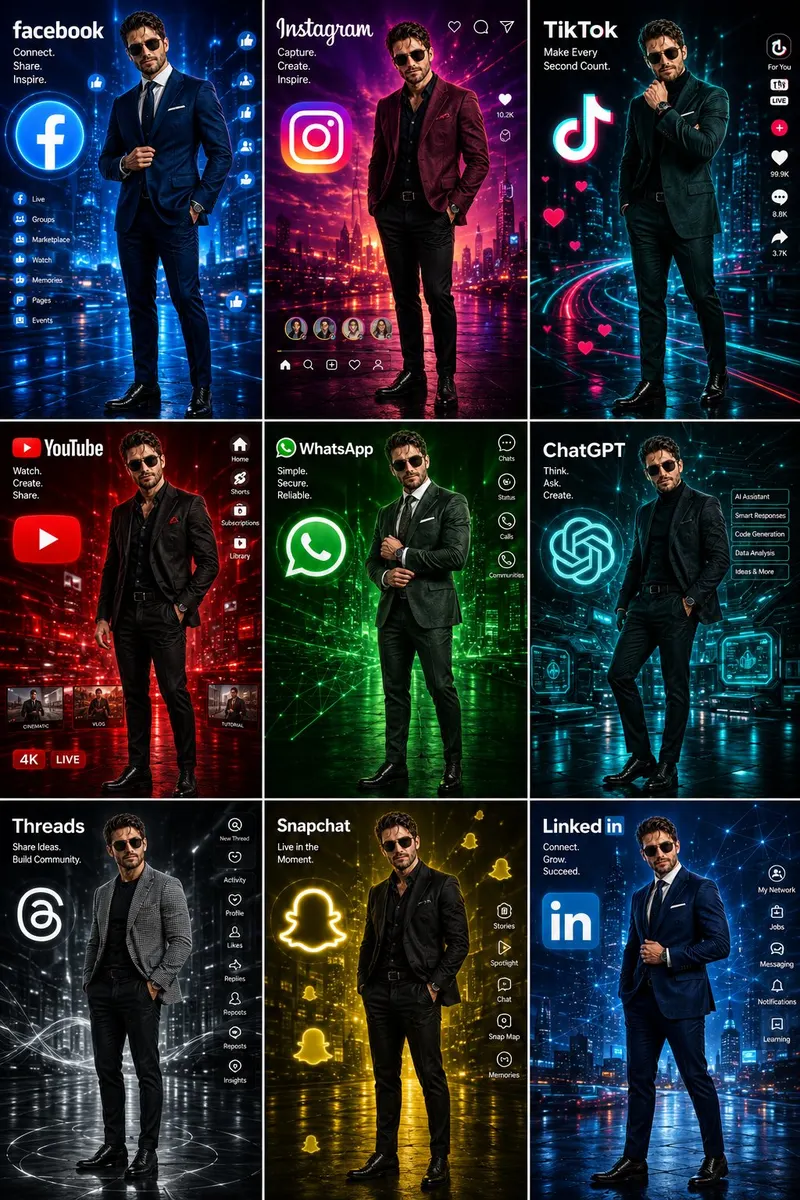Create a high-quality 3×3 grid of nine cinematic AI posters featuring the same… — GPT Image 2 prompt by @RizwanAly07