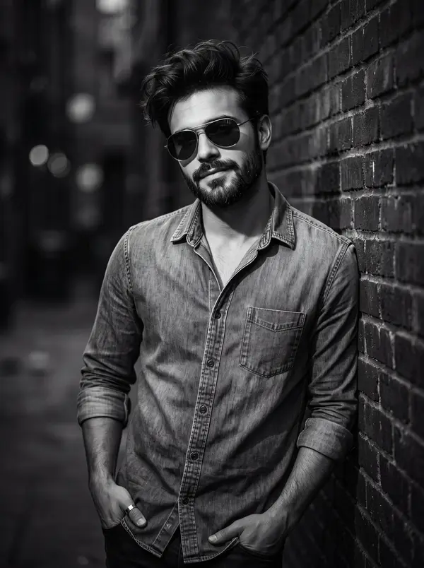 Black and white cinematic portrait of a stylish man with dark messy voluminous… — Nano Banana 2 prompt by @rovvmut_