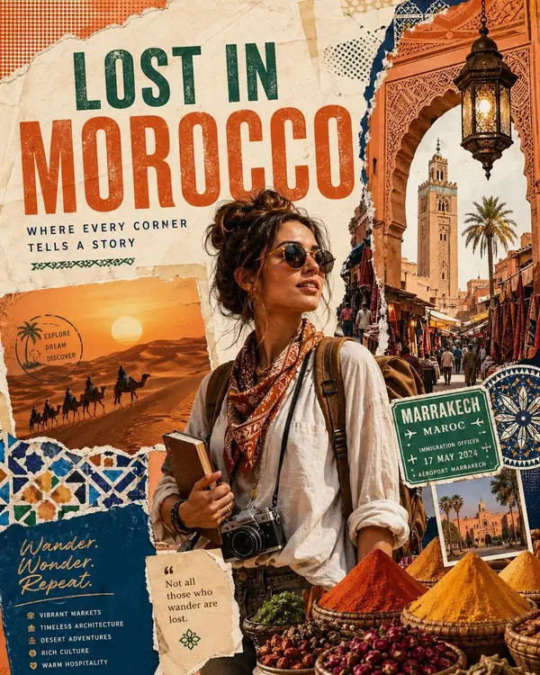 Create a premium vintage travel collage poster titled "LOST IN [COUNTRY]"… — GPT Image 1 prompt by @Taaruk_