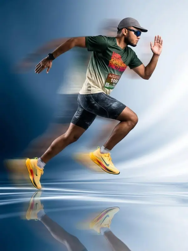 Dynamic sports fashion campaign photo of a male athlete sprinting mid-air,… — GPT Image 2 prompt by @Kashberg_0