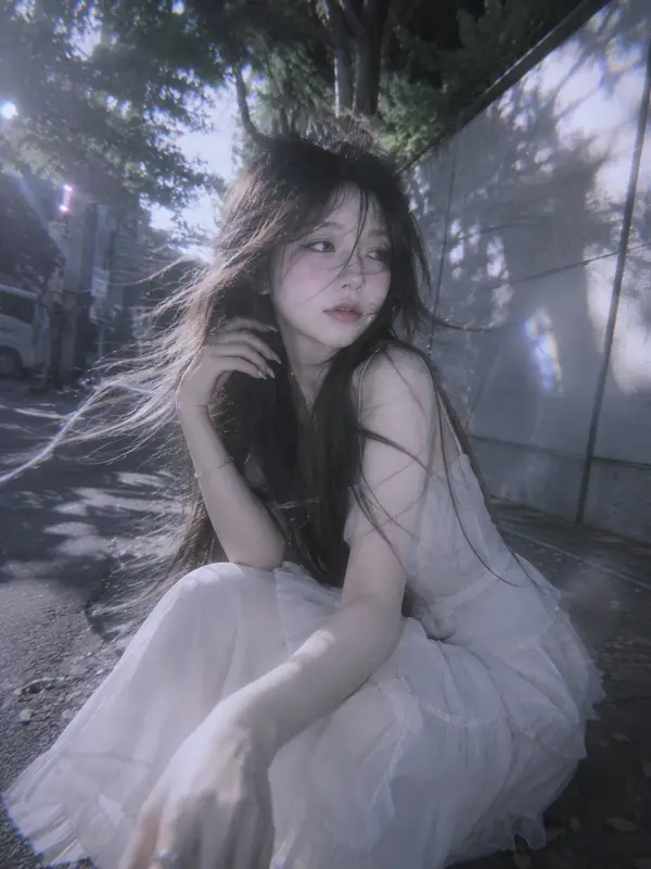 A surreal doll-like young woman with waist-length flowing hair, captured in a… — GPT Image 2 prompt by @saniaspeaks_