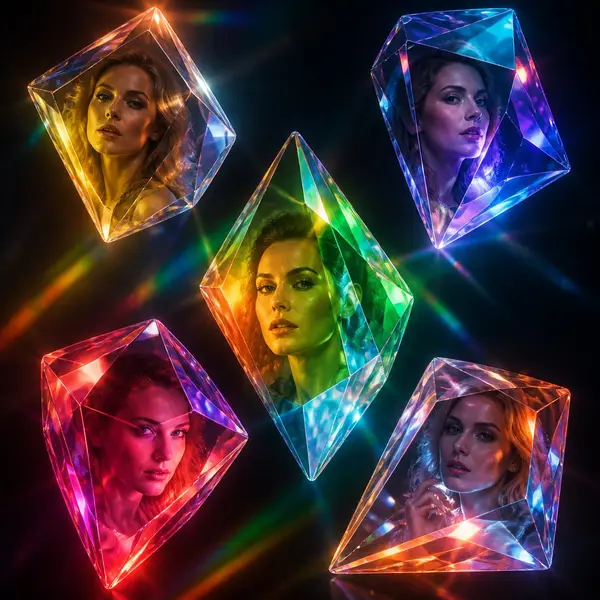 A surreal 3D layout featuring five large, sharp geometric crystal prisms… — GPT Image 2 prompt by @Mind_Boticni