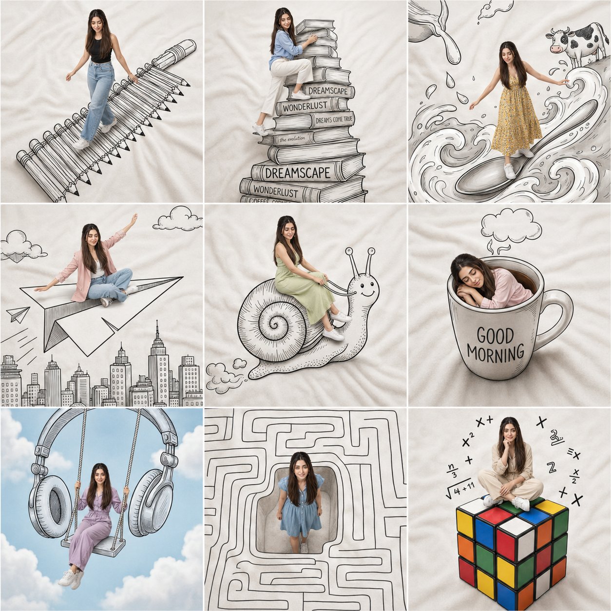 Create a creative 3×3 collage featuring the same woman from the uploaded… — AI-generated image by @AiwithLariab using GPT Image 2