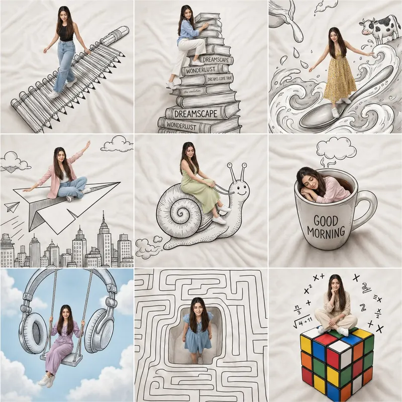 Create a creative 3×3 collage featuring the same woman from the uploaded… — GPT Image 2 prompt by @AiwithLariab