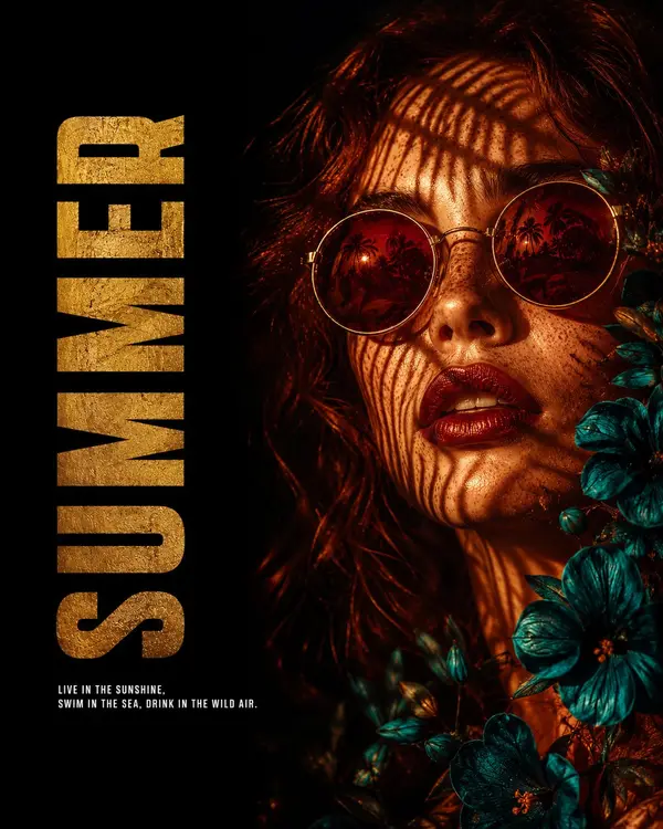 Wide summer editorial poster, young woman with auburn hair and round red-tinted… — GPT Image 2 prompt by @meng_dagg695