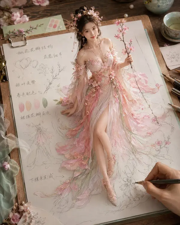 生成一张《纸上成真 · 四时花神衣谱》风格图片，4:5 竖版。 主题为【桃花神 / 荷花神 / 桂花神 /… — GPT Image 2 prompt by @MrLarus