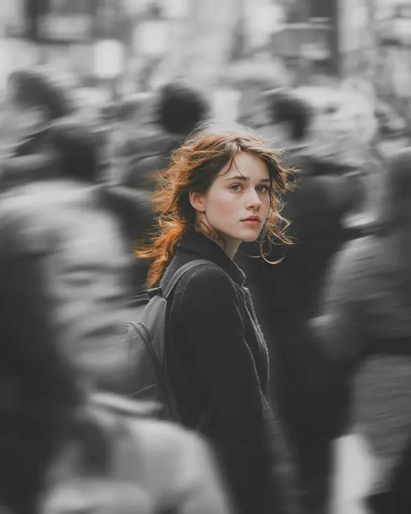 A cinematic street portrait of a young woman walking through a crowded city,… — GPT Image 2 prompt by @Taaruk_