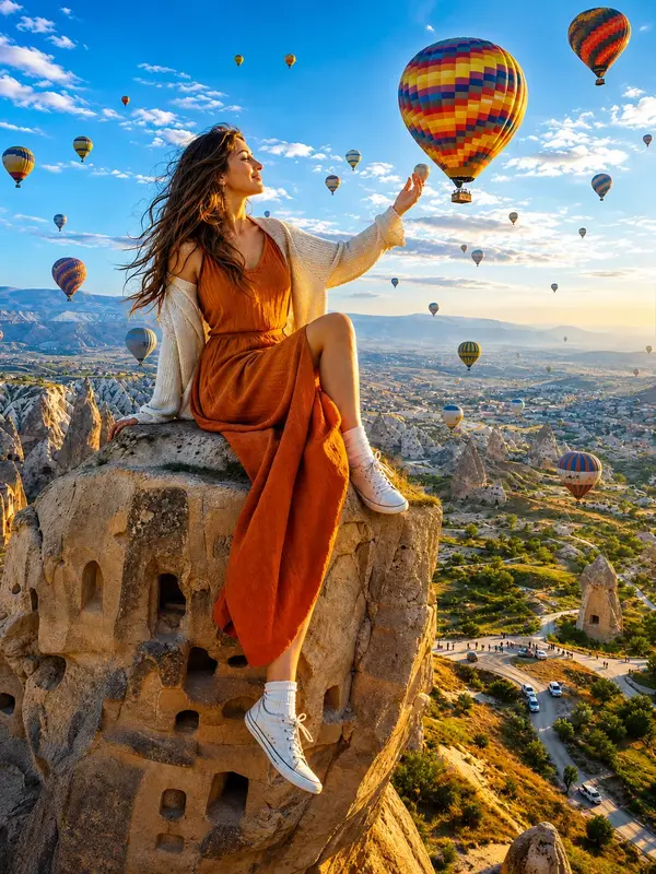 Create a surreal giantess travel photography scene featuring a beautiful young… — GPT Image 2 prompt by @Mind_Boticni