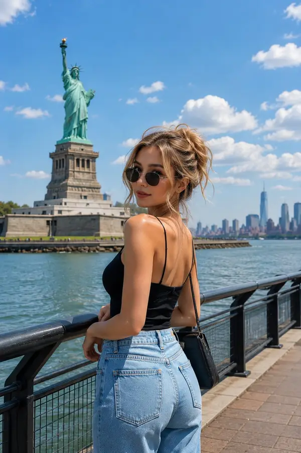 Ultra-realistic travel portrait of a stylish young blonde woman with a modern… — GPT Image 2 prompt by @Mind_Boticni