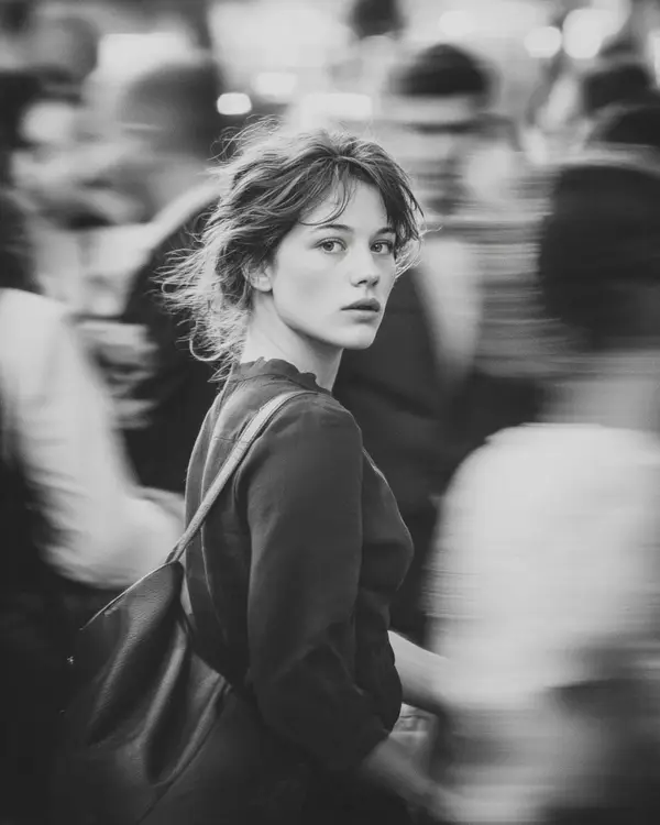 A cinematic street portrait of a young woman walking through a busy city crowd,… — GPT Image 2 prompt by @Taaruk_