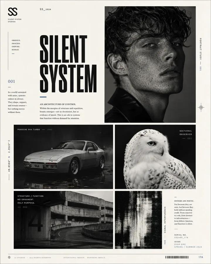 Avant-garde graphic design poster page, elegant editorial layout, off-white… — GPT Image 2 prompt by @SimplyAnnisa