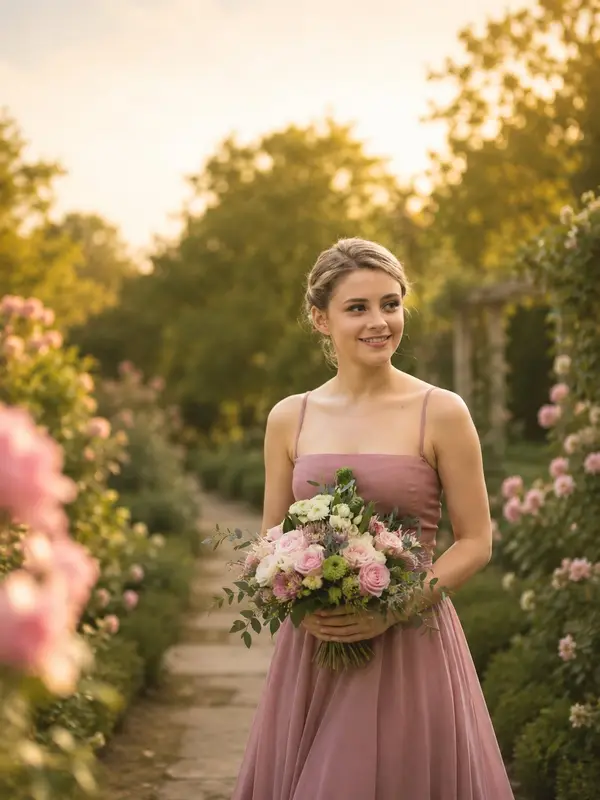 Wide romantic garden editorial shot, young woman in dusty rose spaghetti-strap… — Nano Banana Pro prompt by @meng_dagg695